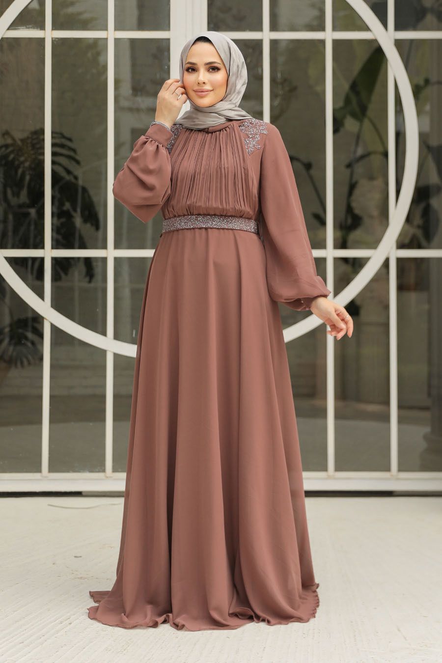 Drape Detailed Camel Hijab Evening Dress