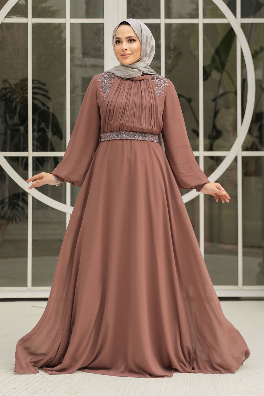 Drape Detailed Camel Hijab Evening Dress