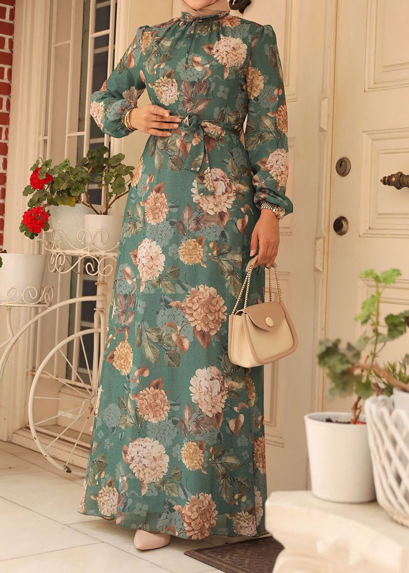 Floral Patterned Green Hijab Dress