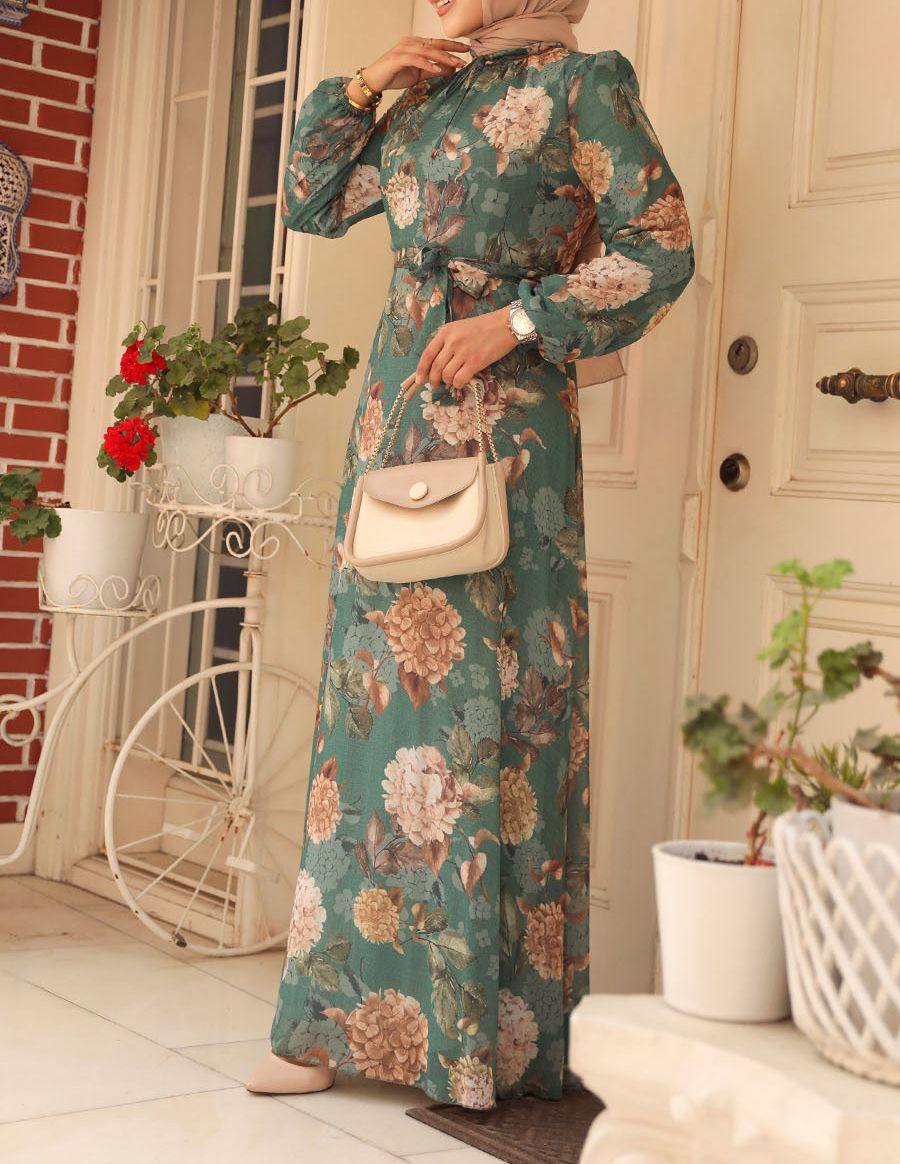 Floral Patterned Green Hijab Dress