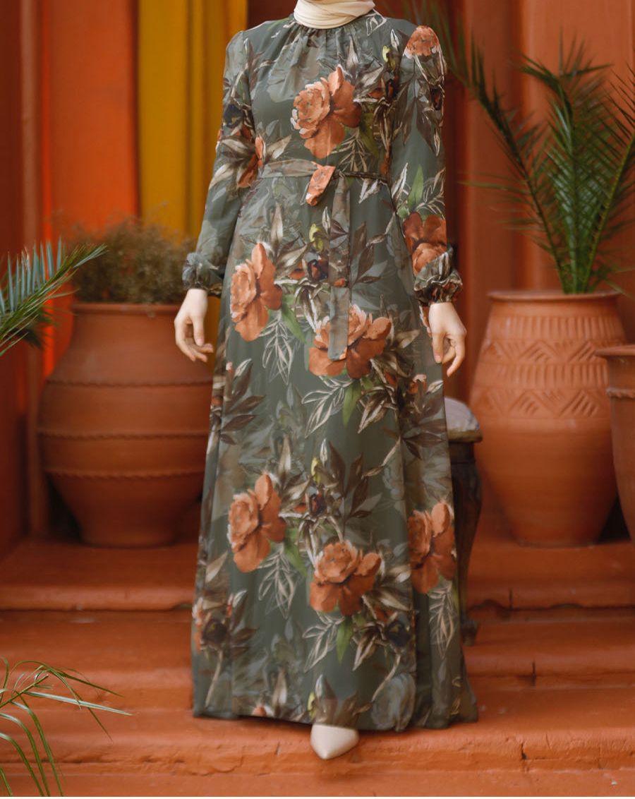 Floral Patterned Green Hijab Dress