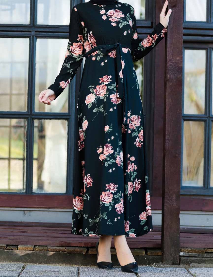 Floral Patterned Black Hijab Dress
