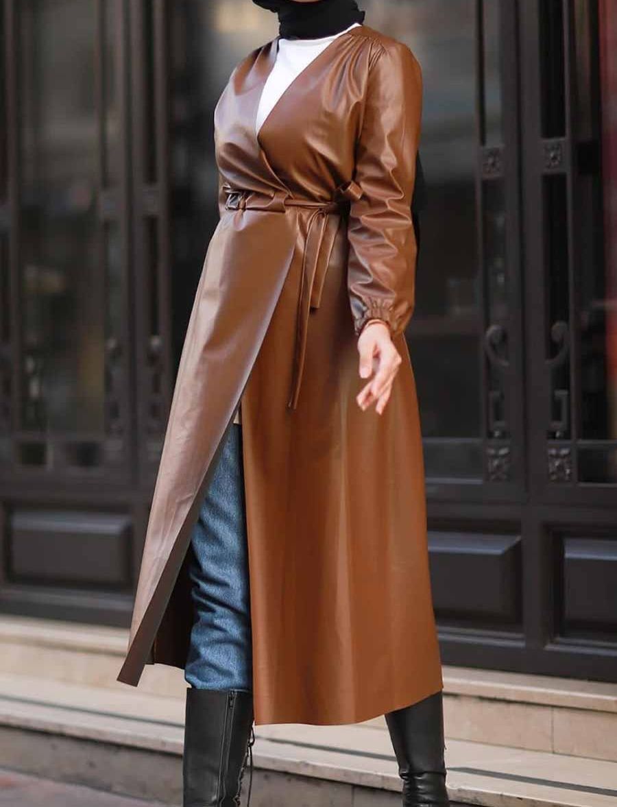 Brown belted paneled leather coat